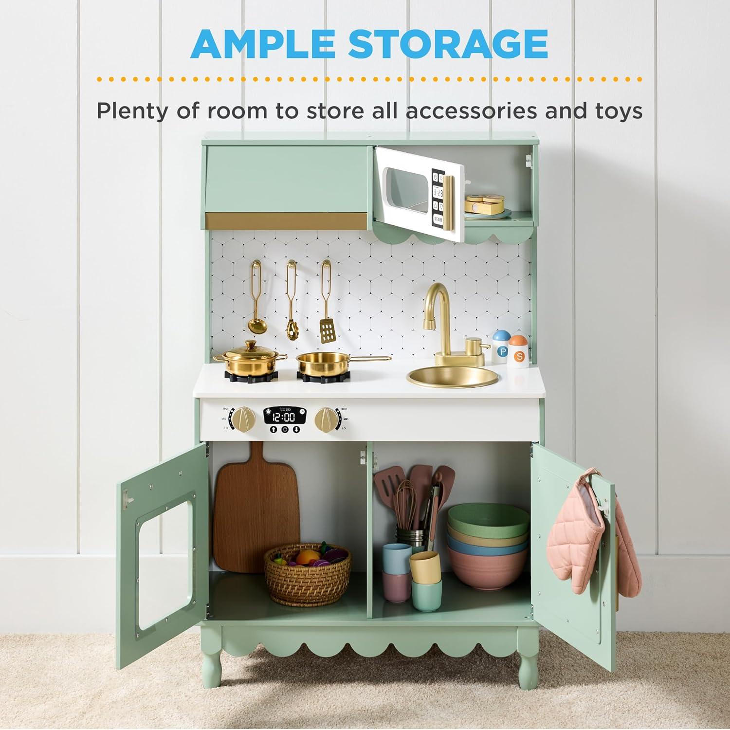 imageBest Choice Products Wooden Pretend Play Cottage Kitchen Kids Toy wStorage Scalloped Edge 5 Accessories Microwave Oven Clicking Knobs  SageSage