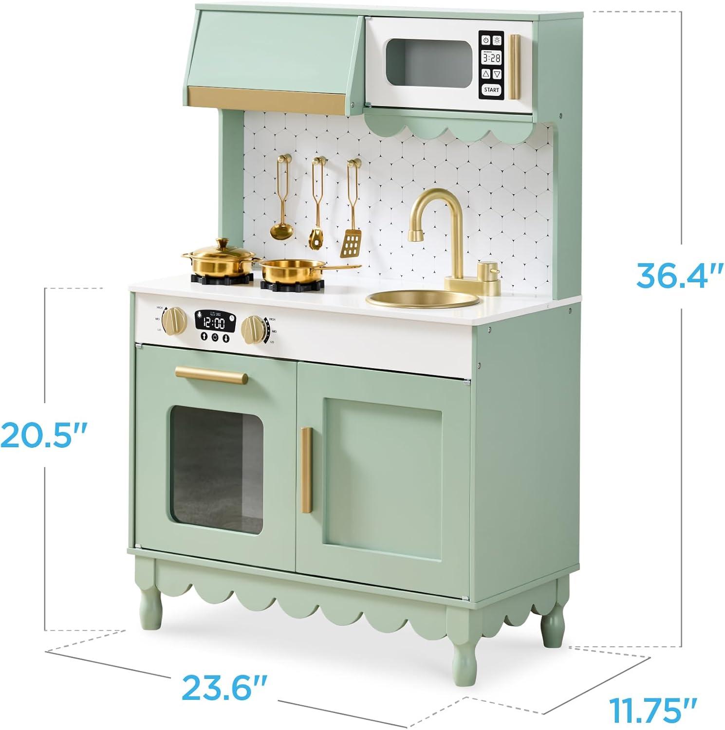 imageBest Choice Products Wooden Pretend Play Cottage Kitchen Kids Toy wStorage Scalloped Edge 5 Accessories Microwave Oven Clicking Knobs  SageSage
