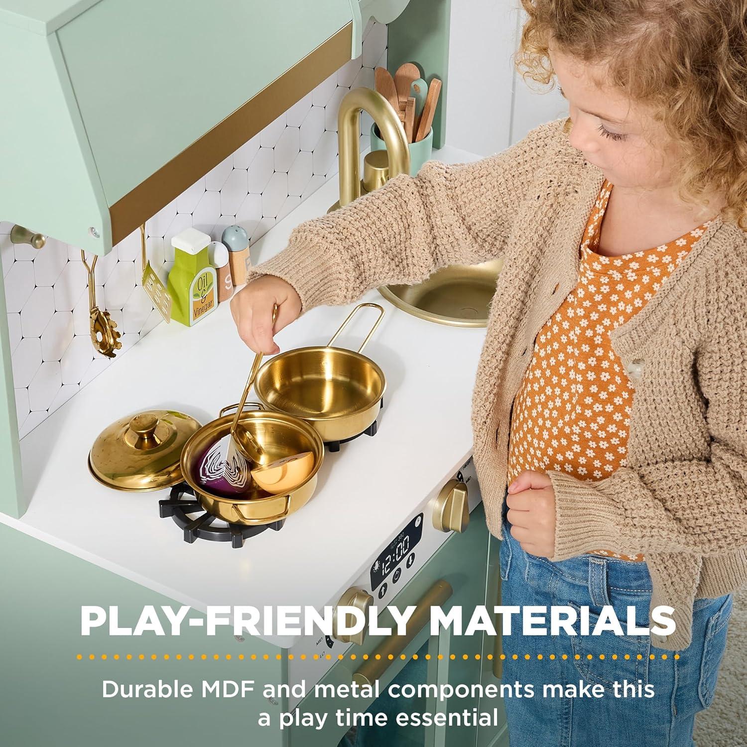 imageBest Choice Products Wooden Pretend Play Cottage Kitchen Kids Toy wStorage Scalloped Edge 5 Accessories Microwave Oven Clicking Knobs  SageSage