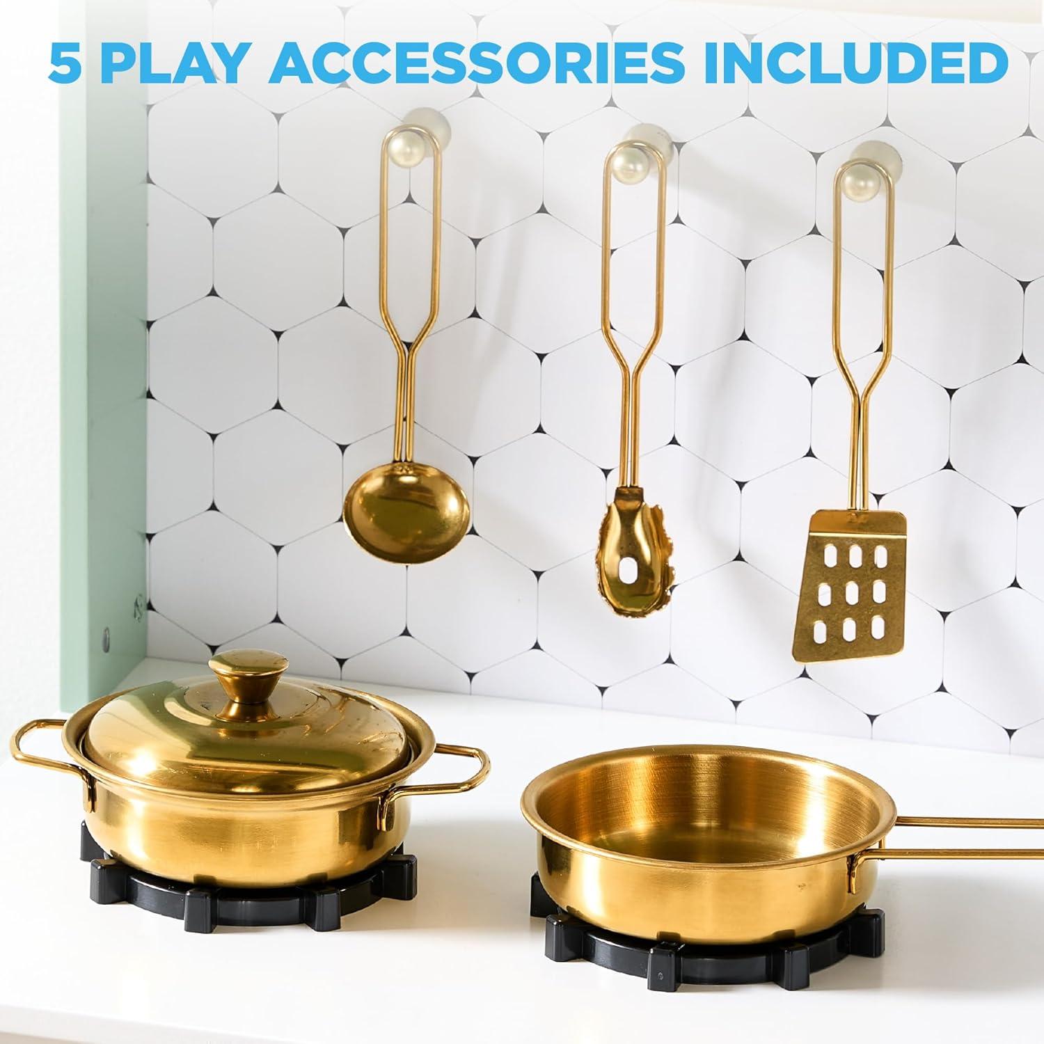 imageBest Choice Products Wooden Pretend Play Cottage Kitchen Kids Toy wStorage Scalloped Edge 5 Accessories Microwave Oven Clicking Knobs  SageSage