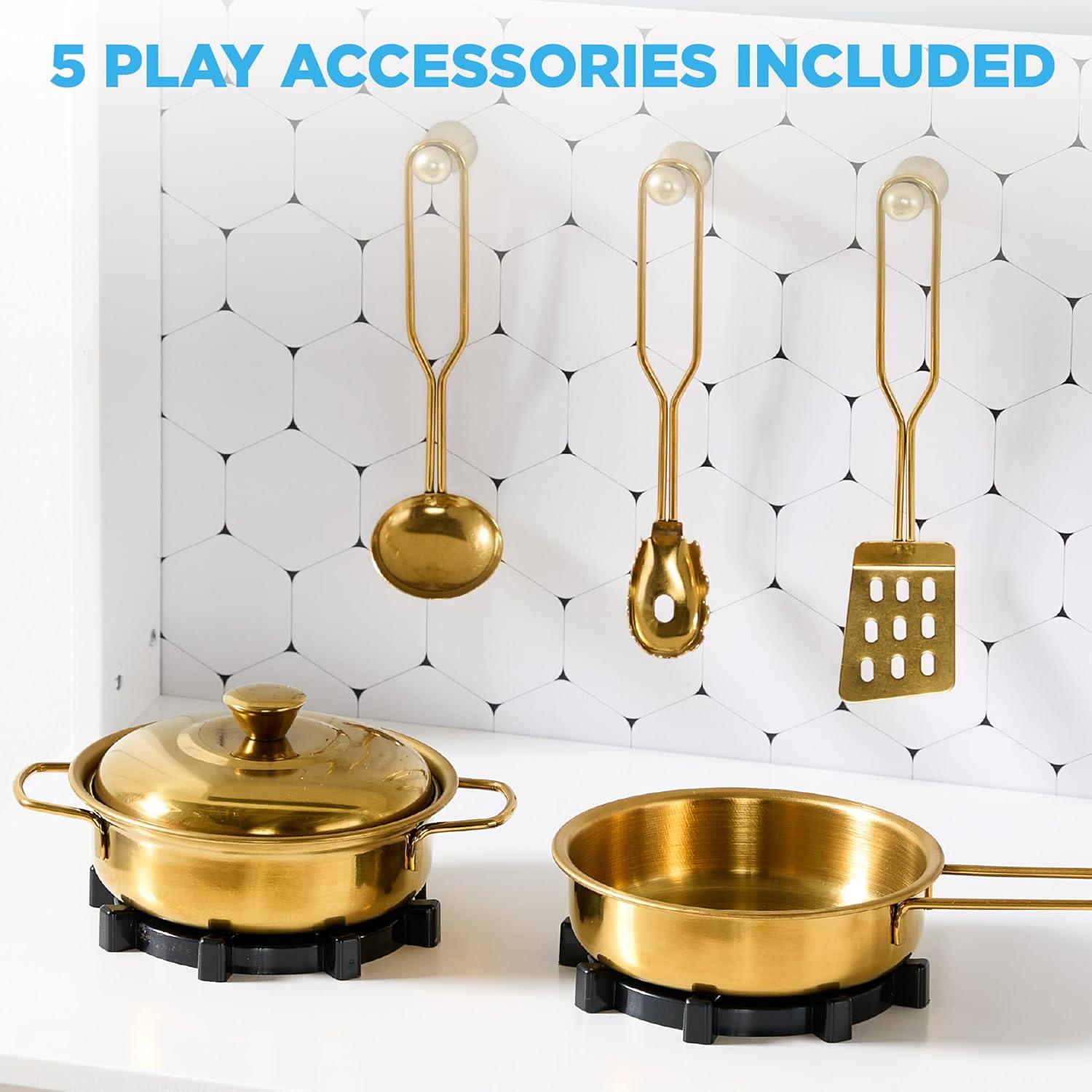 imageBest Choice Products Wooden Pretend Play Cottage Kitchen Kids Toy wStorage Scalloped Edge 5 Accessories Microwave Oven Clicking Knobs  SageWhite