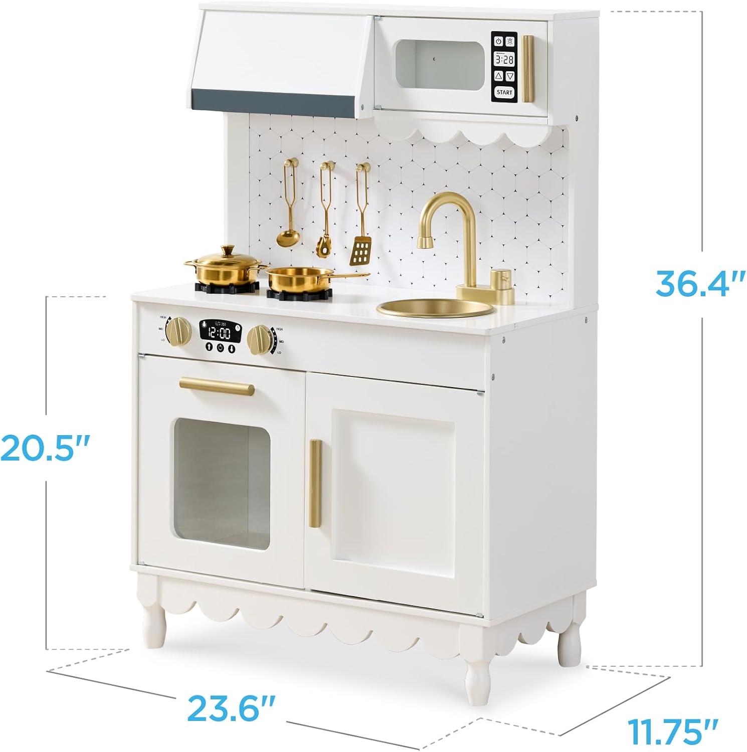 imageBest Choice Products Wooden Pretend Play Cottage Kitchen Kids Toy wStorage Scalloped Edge 5 Accessories Microwave Oven Clicking Knobs  SageWhite