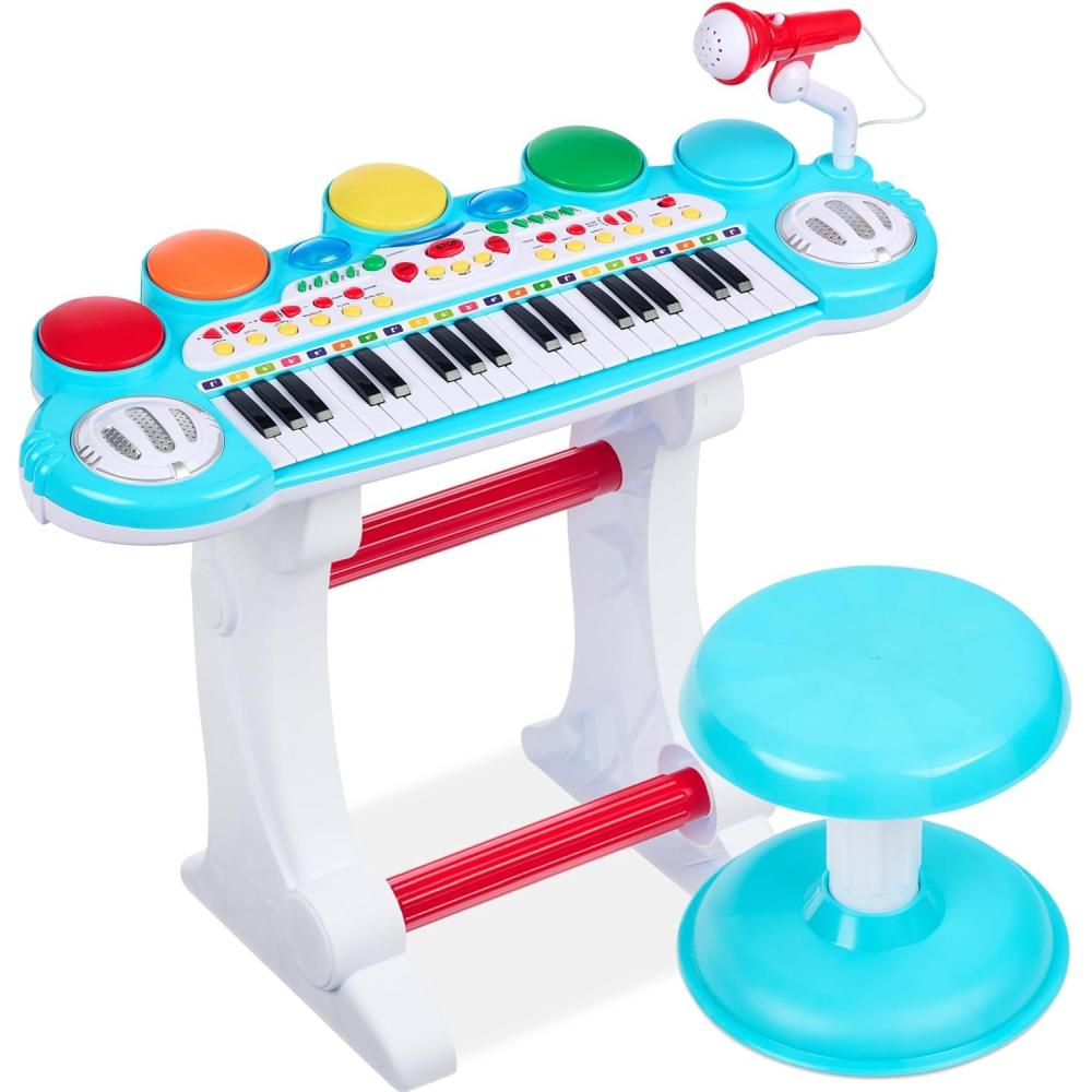 imageBest Choice Products 37Key Kids Electronic Musical Instrument Piano Learning Toy Keyboard wMultiple Sounds Lights Microphone Stool  BlueMulticolor