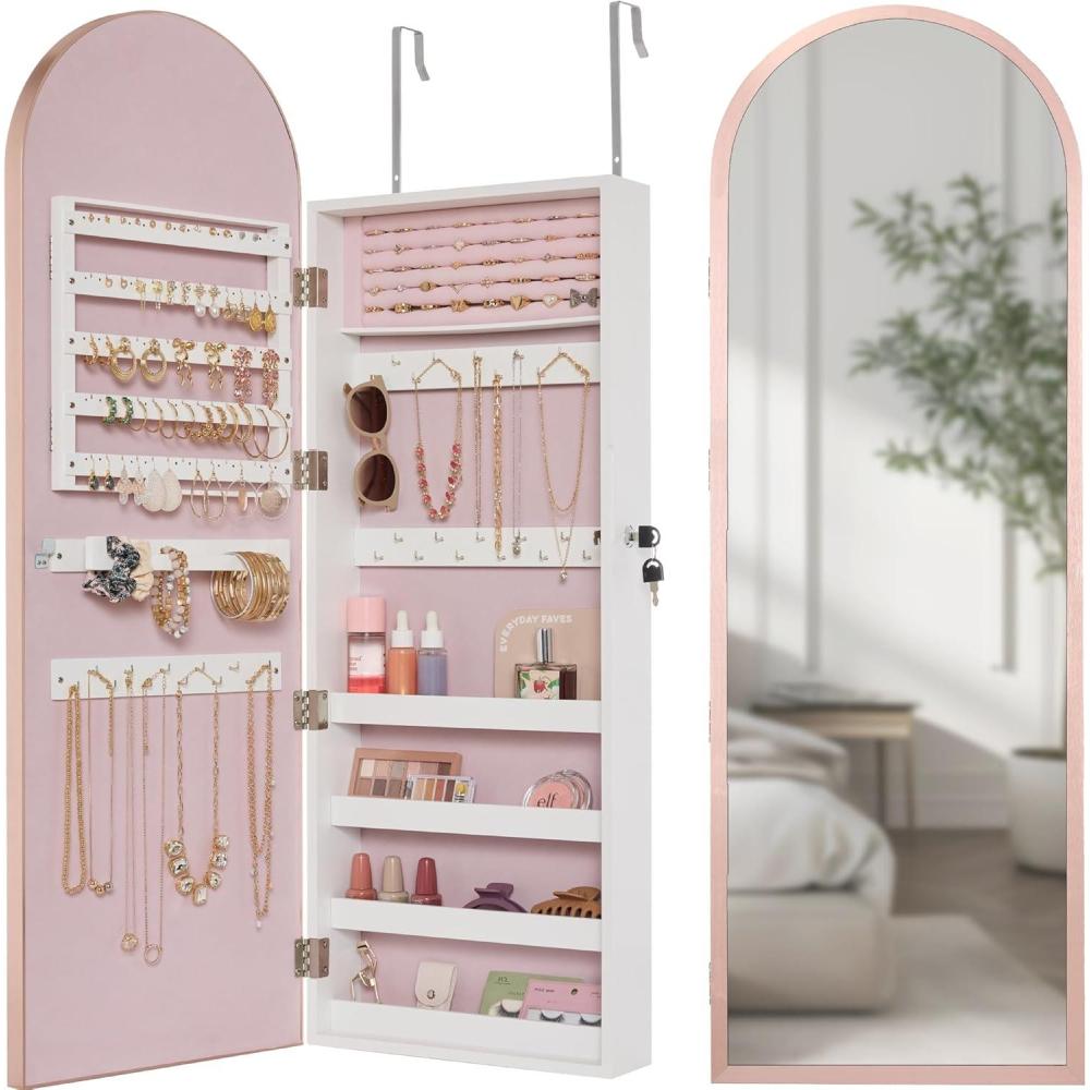 imageBest Choice Products Arch Mirror Jewelry Cabinet Jewelry Storage Organizer Armoire Lockable Wall or Door Mountable FullLength Mirror  SilverRose Gold