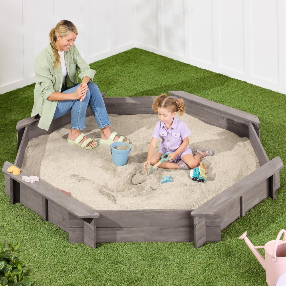 imageBest Choice Products Kids Large Octagonal Wooden Outdoor Sandbox with Cover w 4 Reinforced Benches 8 Seats XL Sandpit Bottom Liner  BrownGray