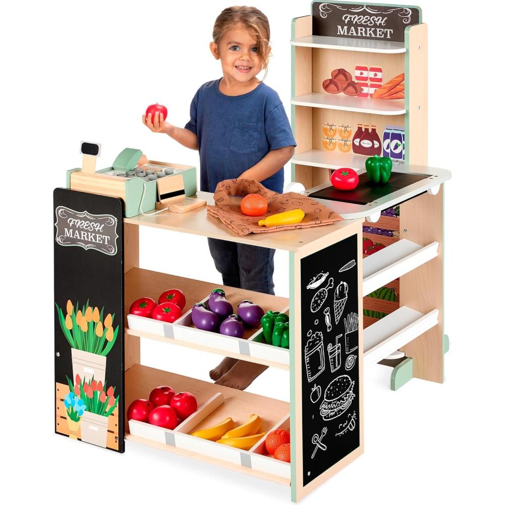 imageBest Choice Products Pretend Play Grocery Store Wooden Supermarket Toy Set for Kids wPlay Food Chalkboard Cash Register Working Conveyor  RedNatural