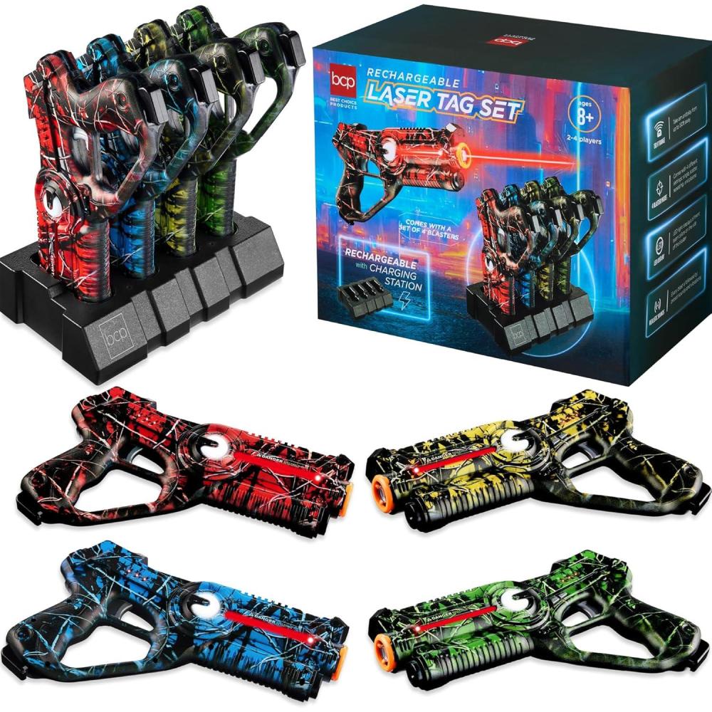 imageBest Choice Products Set of 4 Laser Tag Blasters Rechargeable Infrared Lazer Tag Set ampamp Docking Station No Vests Needed  RedYellowBlueGreenGraffiti Red  Blue  Green   Yellow