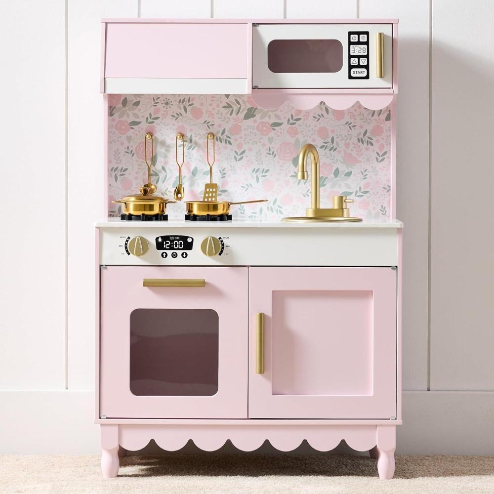imageBest Choice Products Wooden Pretend Play Cottage Kitchen Kids Toy wStorage Scalloped Edge 5 Accessories Microwave Oven Clicking Knobs  SagePink