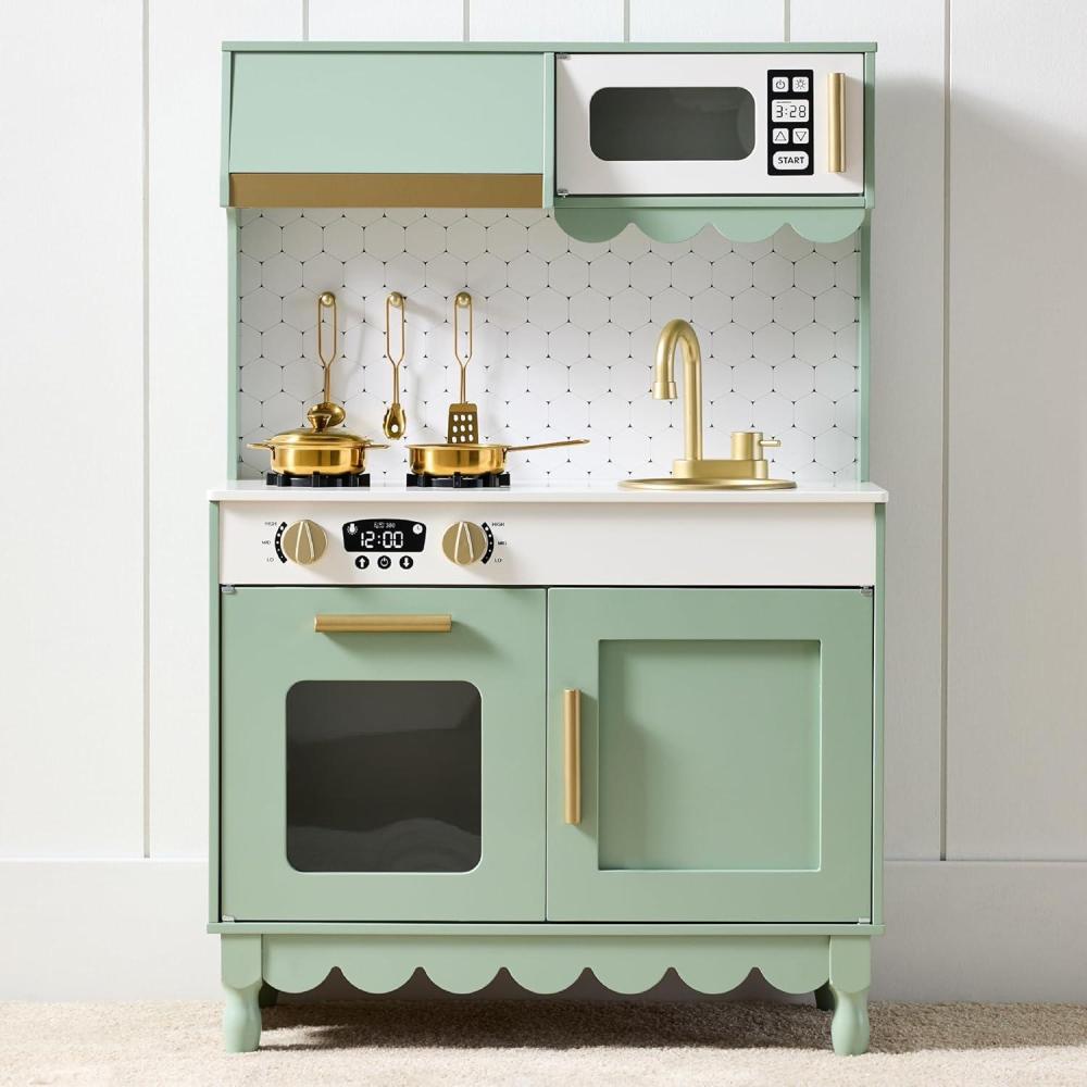 imageBest Choice Products Wooden Pretend Play Cottage Kitchen Kids Toy wStorage Scalloped Edge 5 Accessories Microwave Oven Clicking Knobs  SageSage