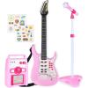 imageBest Choice Products Kids Electric Musical Guitar Play Set Toy Guitar Starter Kit Bundle w 6 Demo Songs Whammy Bar Microphone Amp AUX 2 Sticker Sheets  BlueSoft Pink