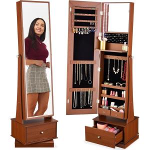 imageBest Choice Products 360 Swivel Mirrored Jewelry Cabinet Standing Armoire Makeup Storage Organizer wLEDlit Mirror 3 Shelves  WhiteWalnut