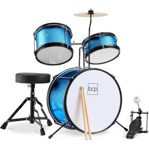 imageBest Choice Products 3Piece Beginner Drum Set for Kids Juniors wThrone Stool Cymbal Drum Sticks Bass Drum Pedal 2 Toms  BlueLight Blue Sparkle