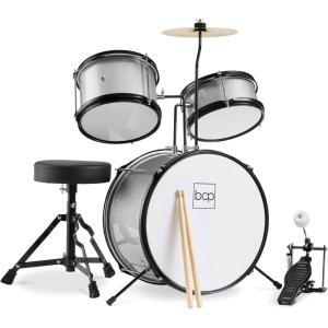 imageBest Choice Products 3Piece Beginner Drum Set for Kids Juniors wThrone Stool Cymbal Drum Sticks Bass Drum Pedal 2 Toms  BlueSilver Sparkle