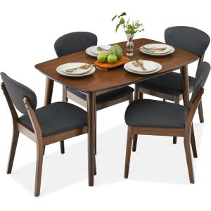 imageBest Choice Products 3Piece MidCentury Modern Wood Dining Kitchen Table ampamp Chair Set w 2 Upholstered Bench Seats  WalnutCreamWalnutCharcoal