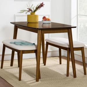 imageBest Choice Products 3Piece MidCentury Modern Wood Dining Kitchen Table ampamp Chair Set w 2 Upholstered Bench Seats  WalnutCreamWalnutCream