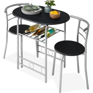 imageBest Choice Products 3Piece Wooden Round Table ampamp Chair Set for Kitchen Dining Room Compact Space wSteel Frame Builtin Wine Rack  WhiteBrownBlackSilver