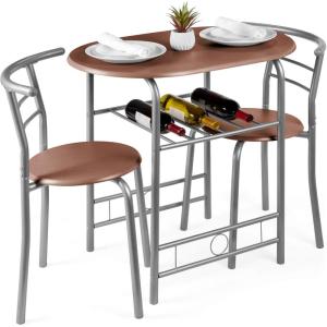 imageBest Choice Products 3Piece Wooden Round Table ampamp Chair Set for Kitchen Dining Room Compact Space wSteel Frame Builtin Wine Rack  WhiteBrownEspresso