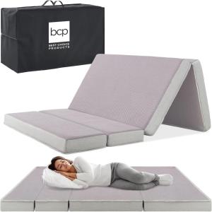 imageBest Choice Products 4in Portable QueenSize Mattress TriFold Mattress for Camping Guest Toddler Foam Plush wCarry Case  Midnight BlueGrey