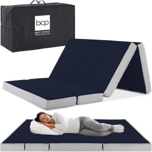imageBest Choice Products 4in Portable QueenSize Mattress TriFold Mattress for Camping Guest Toddler Foam Plush wCarry Case  Midnight BlueMidnight Blue