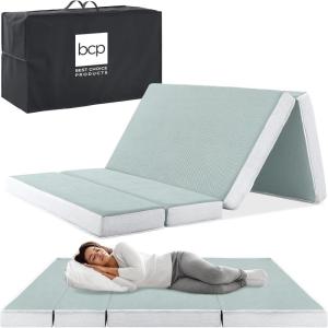 imageBest Choice Products 4in Portable QueenSize Mattress TriFold Mattress for Camping Guest Toddler Foam Plush wCarry Case  Midnight BlueSeafoam