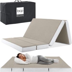 imageBest Choice Products 4in Portable QueenSize Mattress TriFold Mattress for Camping Guest Toddler Foam Plush wCarry Case  Midnight BlueTaupe