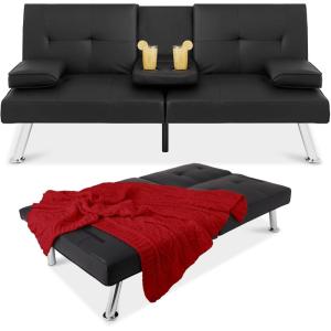 imageBest Choice Products Faux Leather Upholstered Modern Convertible Futon Adjustable Folding Sofa Bed Guest Bed wRemovable Armrests  BlackBlack
