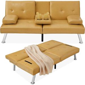 imageBest Choice Products Faux Leather Upholstered Modern Convertible Futon Adjustable Folding Sofa Bed Guest Bed wRemovable Armrests  BlackCamel Yellow