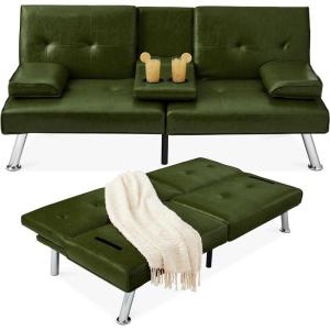 imageBest Choice Products Faux Leather Upholstered Modern Convertible Futon Adjustable Folding Sofa Bed Guest Bed wRemovable Armrests  BlackDark Green