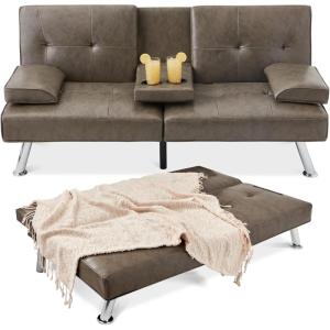 imageBest Choice Products Faux Leather Upholstered Modern Convertible Futon Adjustable Folding Sofa Bed Guest Bed wRemovable Armrests  BlackGrey