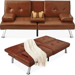 imageBest Choice Products Faux Leather Upholstered Modern Convertible Futon Adjustable Folding Sofa Bed Guest Bed wRemovable Armrests  BlackMedium Brown