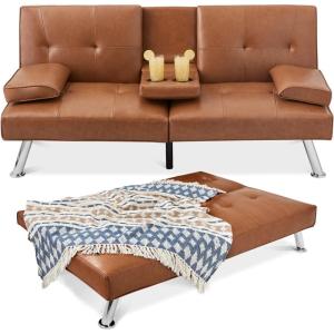 imageBest Choice Products Faux Leather Upholstered Modern Convertible Futon Adjustable Folding Sofa Bed Guest Bed wRemovable Armrests  BlackTan
