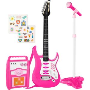 imageBest Choice Products Kids Electric Musical Guitar Play Set Toy Guitar Starter Kit Bundle w 6 Demo Songs Whammy Bar Microphone Amp AUX 2 Sticker Sheets  BluePink