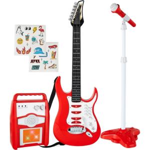 imageBest Choice Products Kids Electric Musical Guitar Play Set Toy Guitar Starter Kit Bundle w 6 Demo Songs Whammy Bar Microphone Amp AUX 2 Sticker Sheets  BlueRed