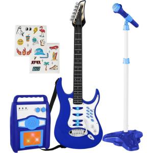 imageBest Choice Products Kids Electric Musical Guitar Play Set Toy Guitar Starter Kit Bundle w 6 Demo Songs Whammy Bar Microphone Amp AUX 2 Sticker Sheets  BlueBlue