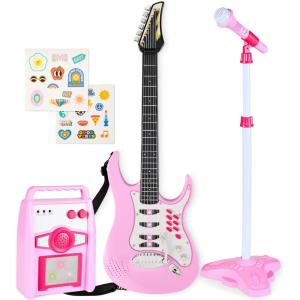imageBest Choice Products Kids Electric Musical Guitar Play Set Toy Guitar Starter Kit Bundle w 6 Demo Songs Whammy Bar Microphone Amp AUX 2 Sticker Sheets  BlueSoft Pink