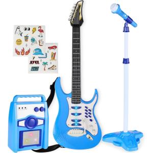 imageBest Choice Products Kids Electric Musical Guitar Play Set Toy Guitar Starter Kit Bundle w 6 Demo Songs Whammy Bar Microphone Amp AUX 2 Sticker Sheets  BlueElectric Blue