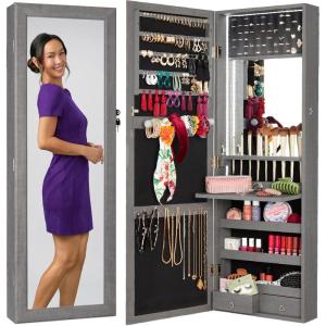 imageBest Choice Products LED Mirror Jewelry Cabinet Tall Lockable Wall or Door Mounted Jewelry Armoire Organizer with Mirror 2 Drawers Lock Cosmetic Tray Shelves  WhiteGray Oak