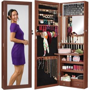 imageBest Choice Products LED Mirror Jewelry Cabinet Tall Lockable Wall or Door Mounted Jewelry Armoire Organizer with Mirror 2 Drawers Lock Cosmetic Tray Shelves  WhiteWalnut