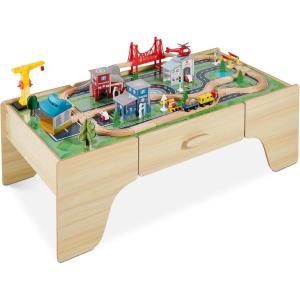 imageBest Choice Products Large 50in 70Piece Train Table Multipurpose Wooden Toy Activity Playset for Children wTracks Reversible Top  NaturalNatural