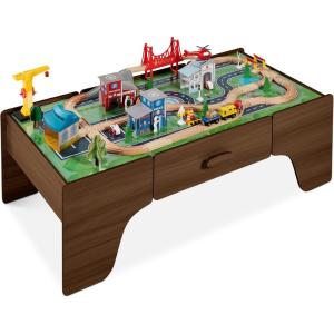imageBest Choice Products Large 50in 70Piece Train Table Multipurpose Wooden Toy Activity Playset for Children wTracks Reversible Top  NaturalWalnut