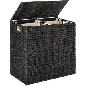 imageBest Choice Products Large Double Laundry Hamper with Lid Natural Handwoven Water Hyacinth 2 Sections w 2 Machine Washable Linen Liner Bags Portable Handles  EspressoBlack