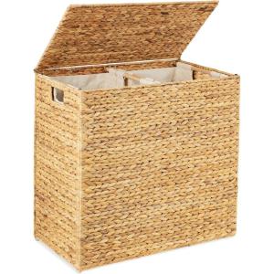 imageBest Choice Products Large Double Laundry Hamper with Lid Natural Handwoven Water Hyacinth 2 Sections w 2 Machine Washable Linen Liner Bags Portable Handles  EspressoNatural