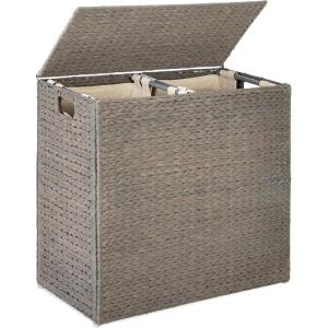 imageBest Choice Products Large Double Laundry Hamper with Lid Natural Handwoven Water Hyacinth 2 Sections w 2 Machine Washable Linen Liner Bags Portable Handles  EspressoGray