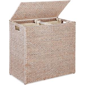 imageBest Choice Products Large Double Laundry Hamper with Lid Natural Handwoven Water Hyacinth 2 Sections w 2 Machine Washable Linen Liner Bags Portable Handles  EspressoTransparent White