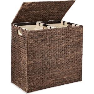 imageBest Choice Products Large Double Laundry Hamper with Lid Natural Handwoven Water Hyacinth 2 Sections w 2 Machine Washable Linen Liner Bags Portable Handles  EspressoEspresso