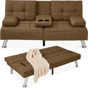 imageBest Choice Products Linen Modern Folding Futon Reclining Sofa Bed for Apartment Dorm wRemovable Armrests 2 Cupholders  BeigeBrown