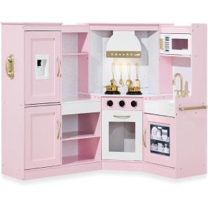 imageBest Choice Products Pretend Play Corner Kitchen Ultimate Interactive Wooden Kids Playset wLights ampamp Sounds Ice Maker Hood  PinkBevel Pink