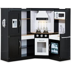 imageBest Choice Products Pretend Play Corner Kitchen Ultimate Interactive Wooden Kids Playset wLights ampamp Sounds Ice Maker Hood  PinkBlack