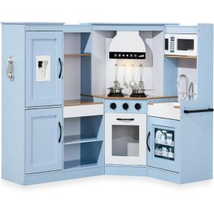 imageBest Choice Products Pretend Play Corner Kitchen Ultimate Interactive Wooden Kids Playset wLights ampamp Sounds Ice Maker Hood  PinkCoastal Blue