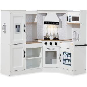 imageBest Choice Products Pretend Play Corner Kitchen Ultimate Interactive Wooden Kids Playset wLights ampamp Sounds Ice Maker Hood  PinkFarmhouse White